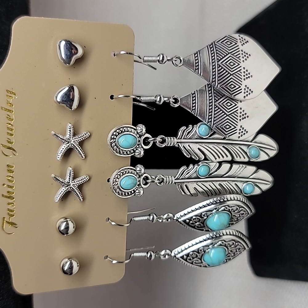 6 pack feathers & ovals boho fashion earrings. Studs & dangling
